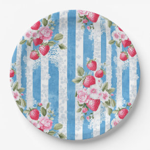Vintage Strawberries & Blooms on Blue Stripes Paper Plate