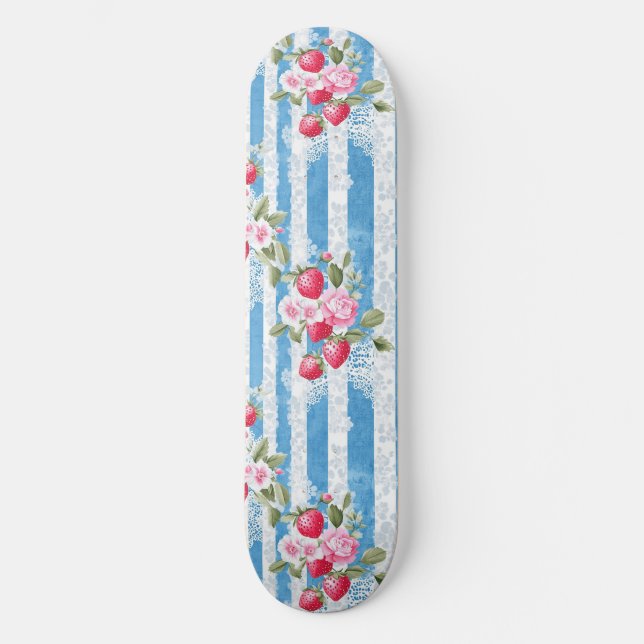 Vintage Strawberries & Blooms on Blue Stripes Skateboard (Front)