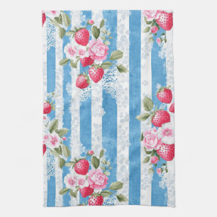 Vintage Strawberries & Blooms on Blue Stripes Tea Towel