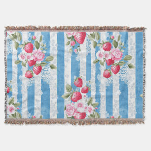 Vintage Strawberries & Blooms on Blue Stripes Throw Blanket