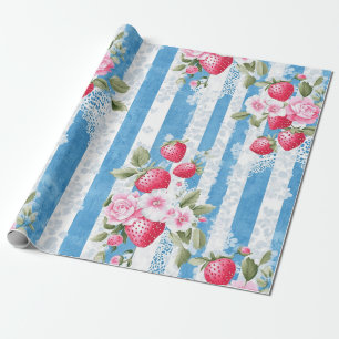Vintage Strawberries & Blooms on Blue Stripes Wrapping Paper
