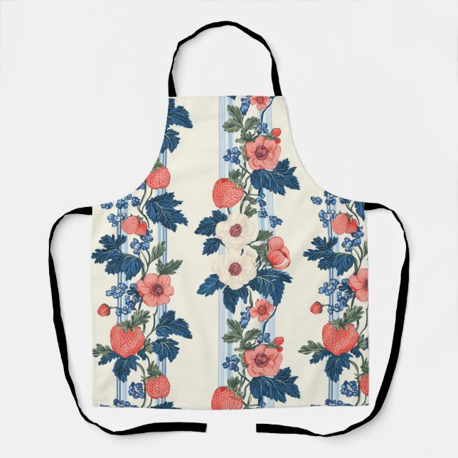 Vintage Strawberries & Blue Leaves Floral Pattern Apron (Front)