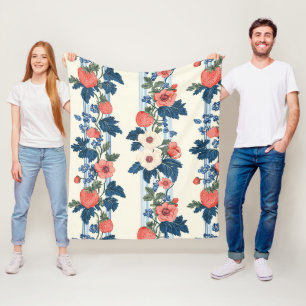 Vintage Strawberries & Blue Leaves Floral Pattern Fleece Blanket