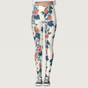 Vintage Strawberries & Blue Leaves Floral Pattern Leggings