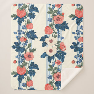 Vintage Strawberries & Blue Leaves Floral Pattern Sherpa Blanket