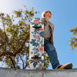 Vintage Strawberries & Blue Leaves Floral Pattern Skateboard