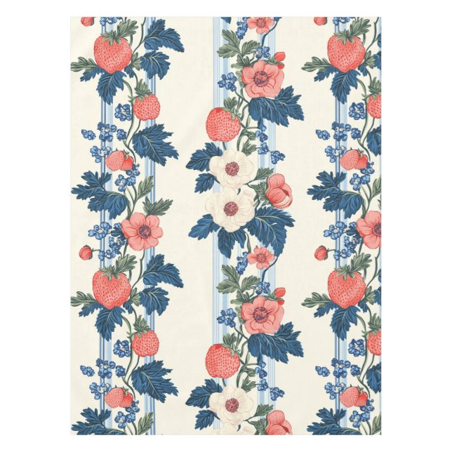 Vintage Strawberries & Blue Leaves Floral Pattern Tablecloth (Front)