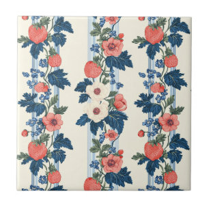 Vintage Strawberries & Blue Leaves Floral Pattern Tile