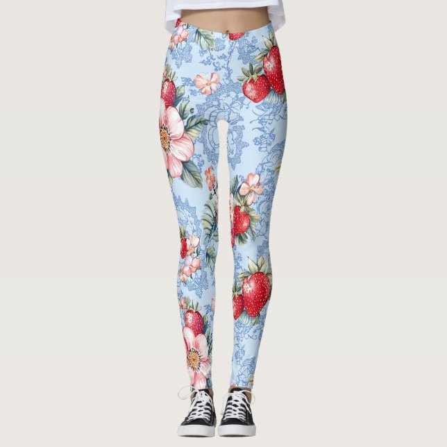 Vintage Strawberries & Flowers Pattern Leggings (Front)