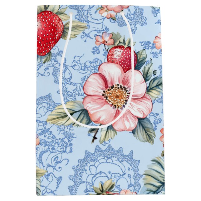 Vintage Strawberries & Flowers Pattern Medium Gift Bag (Front)