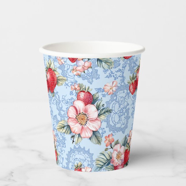 Vintage Strawberries & Flowers Pattern Paper Cups (Front)