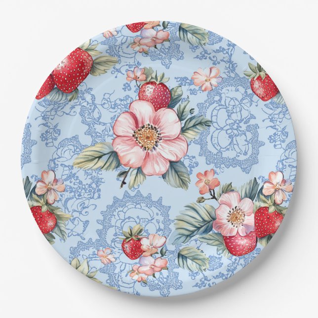 Vintage Strawberries & Flowers Pattern Paper Plate (Front)