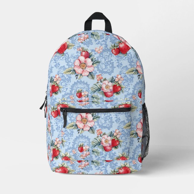 Vintage Strawberries & Flowers Pattern Printed Backpack (Front)