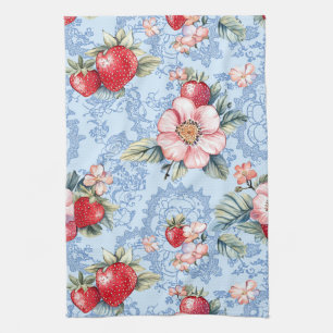 Vintage Strawberries & Flowers Pattern Tea Towel