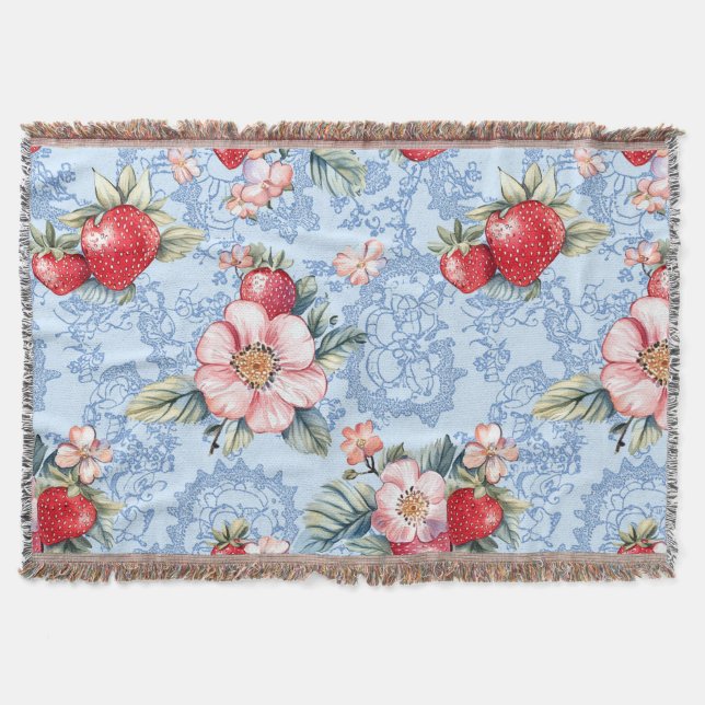 Vintage Strawberries & Flowers Pattern Throw Blanket (Front)