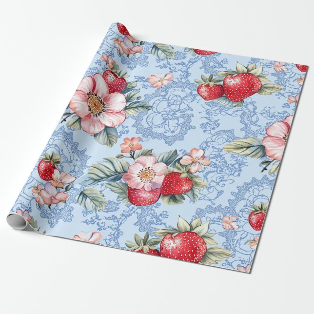 Vintage Strawberries & Flowers Pattern Wrapping Paper (Unrolled)