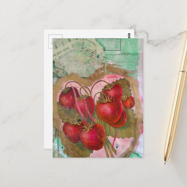 Vintage Strawberries Mixed Media Collage Postcard (Front/Back In Situ)