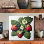 Vintage Strawberries  Tile<br><div class="desc">Delicious looking strawberries with green leaves and white flowers. Attractive vintage graphics radiate all the joy and fun of summers  You can change the background colour .( Customise/Edit/ background ) 
Design by Canva AI and Alma  Wad ,  the human  designer .</div>