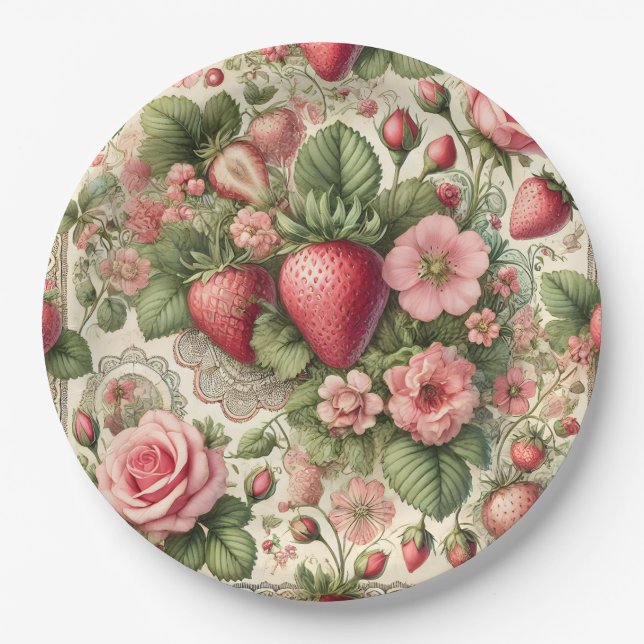 Vintage Strawberry 1st Birthday Party Paper Plate (Front)