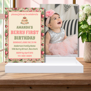 Vintage Strawberry 1st Birthday Party Photo Invitation