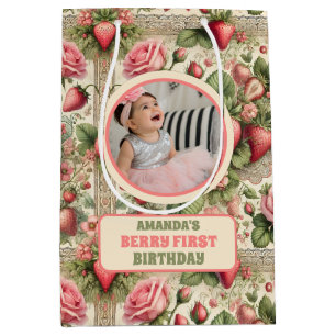 Vintage Strawberry 1st Birthday Party Photo Medium Gift Bag