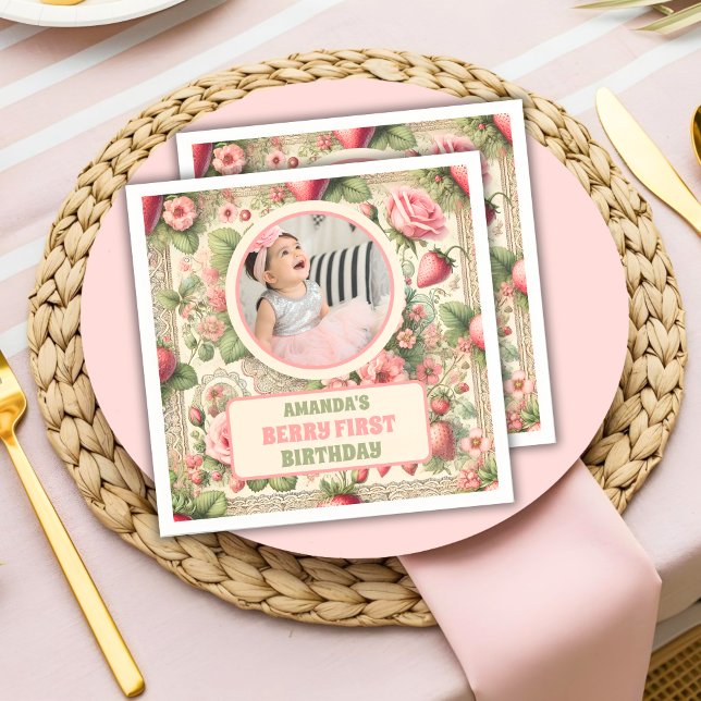 Vintage Strawberry 1st Birthday Party Photo  Napkin (Creator Uploaded)