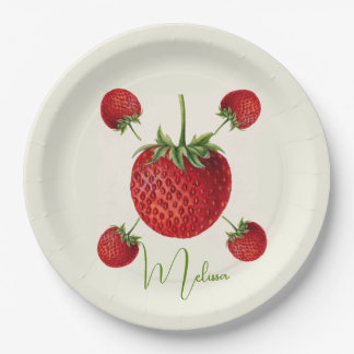 Vintage Strawberry Art Name Personalized Paper Plate