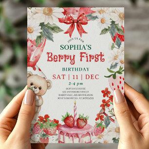 Vintage strawberry Berry First Birthday Invitation
