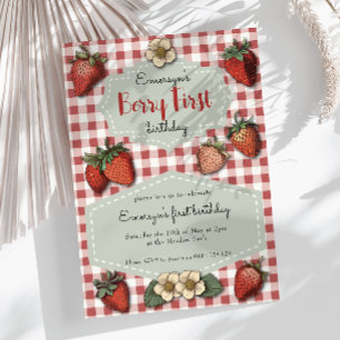 Vintage Strawberry Berry First Gingham Birthday  Invitation