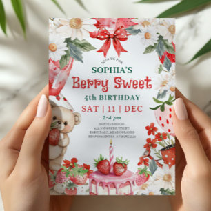 Vintage Strawberry Berry Sweet 4th Birthday Invitation