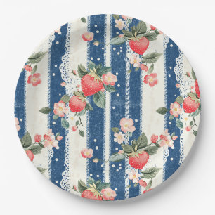 Vintage Strawberry Blue Cream Cottagecore Paper Plate