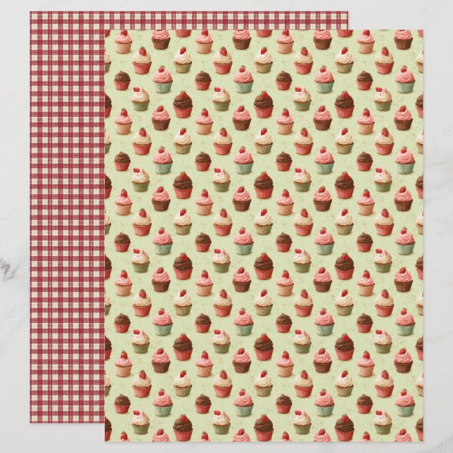 Vintage Strawberry Cupcake Scrapbook Paper (Front/Back)