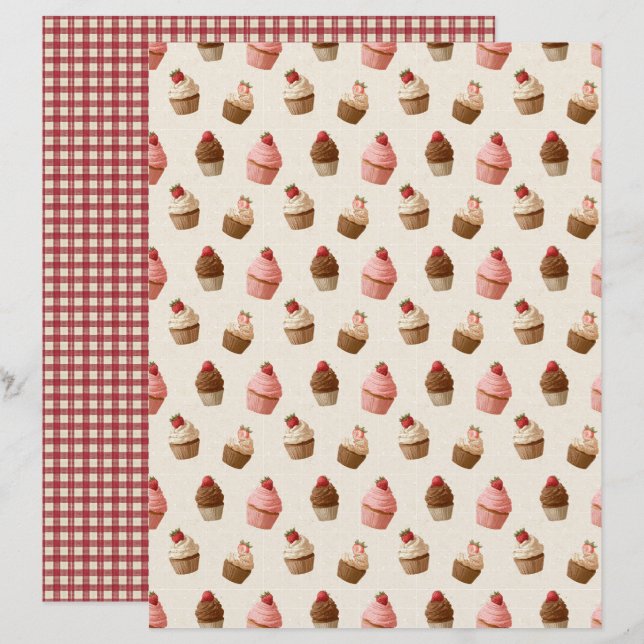 Vintage Strawberry Cupcake Scrapbook Paper (Front/Back)