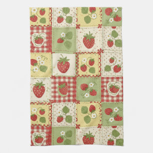 Vintage Strawberry Patchwork Cottagecore Pattern Tea Towel