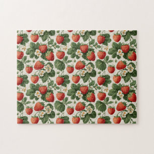 Vintage Strawberry Pattern with Blossoms Jigsaw Puzzle