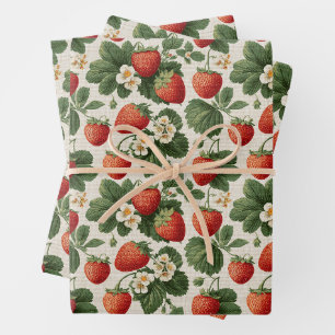 Vintage Strawberry Pattern with Blossoms Wrapping Paper Sheet
