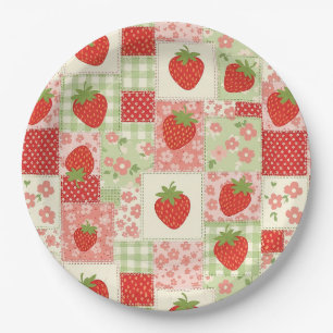 Vintage Strawberry Picnic Patchwork Pattern Paper Plate