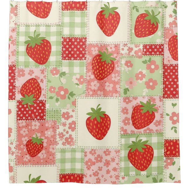 Vintage Strawberry Picnic Patchwork Pattern Shower Curtain (Front)