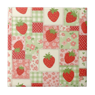 Vintage Strawberry Picnic Patchwork Pattern Tile