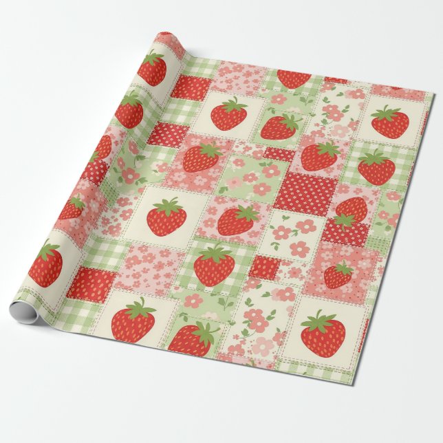 Vintage Strawberry Picnic Patchwork Pattern Wrapping Paper (Unrolled)