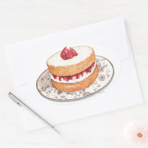 Vintage strawberry shortcake dessert on china oval sticker