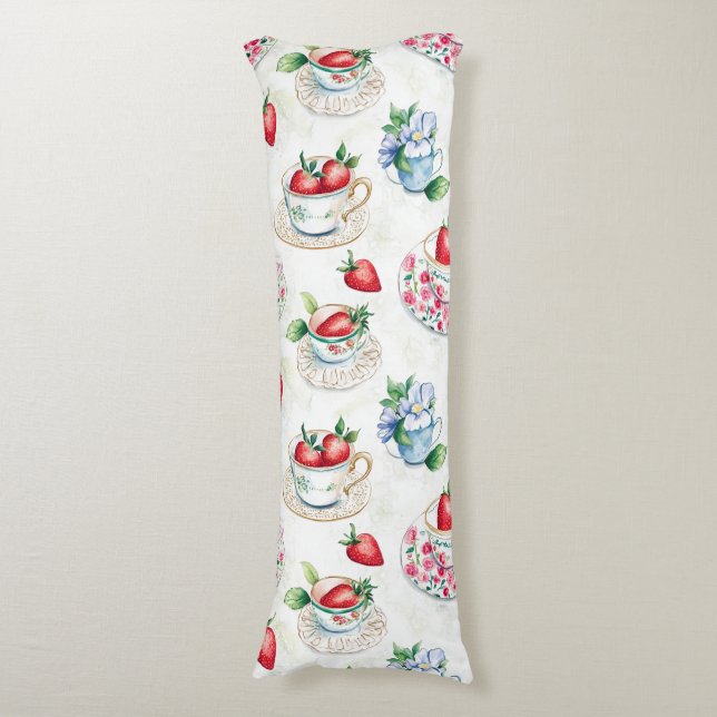 Vintage Strawberry Teacup Floral Pattern Body Cushion (Front Vertical)