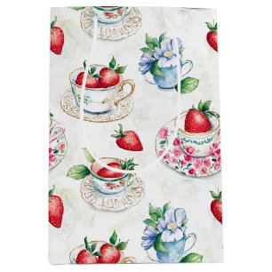 Vintage Strawberry Teacup Floral Pattern Medium Gift Bag