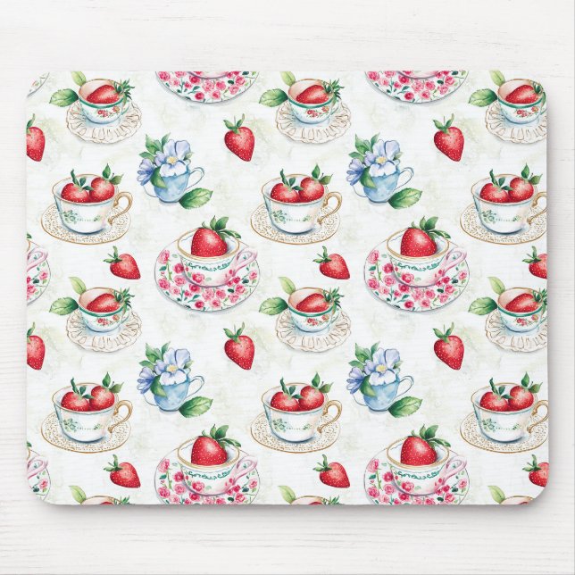 Vintage Strawberry Teacup Floral Pattern Mouse Mat (Front)