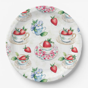 Vintage Strawberry Teacup Floral Pattern Paper Plate