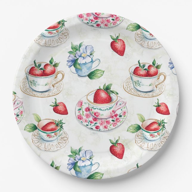 Vintage Strawberry Teacup Floral Pattern Paper Plate (Front)