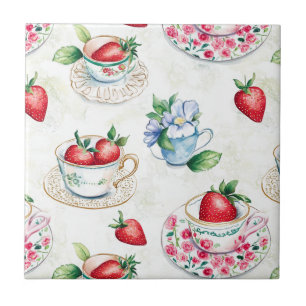 Vintage Strawberry Teacup Floral Pattern Tile