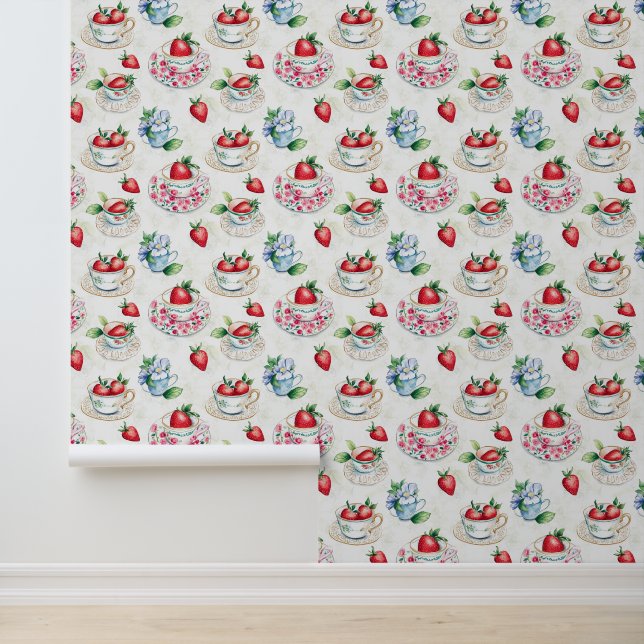 Vintage Strawberry Teacup Floral Pattern Wallpaper (Application)