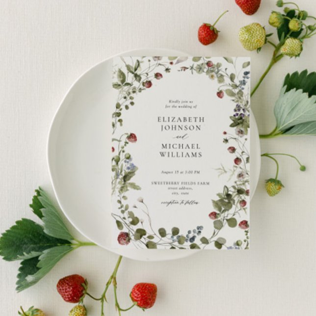 Vintage Strawberry Watercolor Summer Wedding Invitation (Easily personalize this sweet strawberry wedding invitation for the perfect summer garden wedding!)