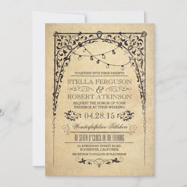 vintage string lights arch wedding invitations (Front)